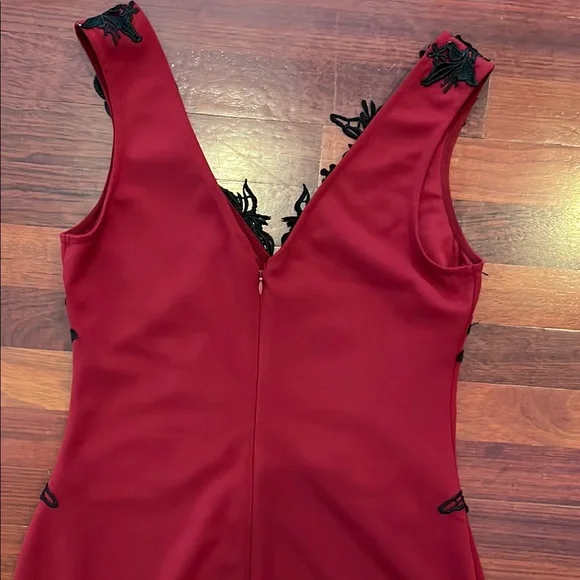 Womens 10 Lipsy Deep Red Dress with Black Lace Overlay Double V Neck - Picture 10 of 12